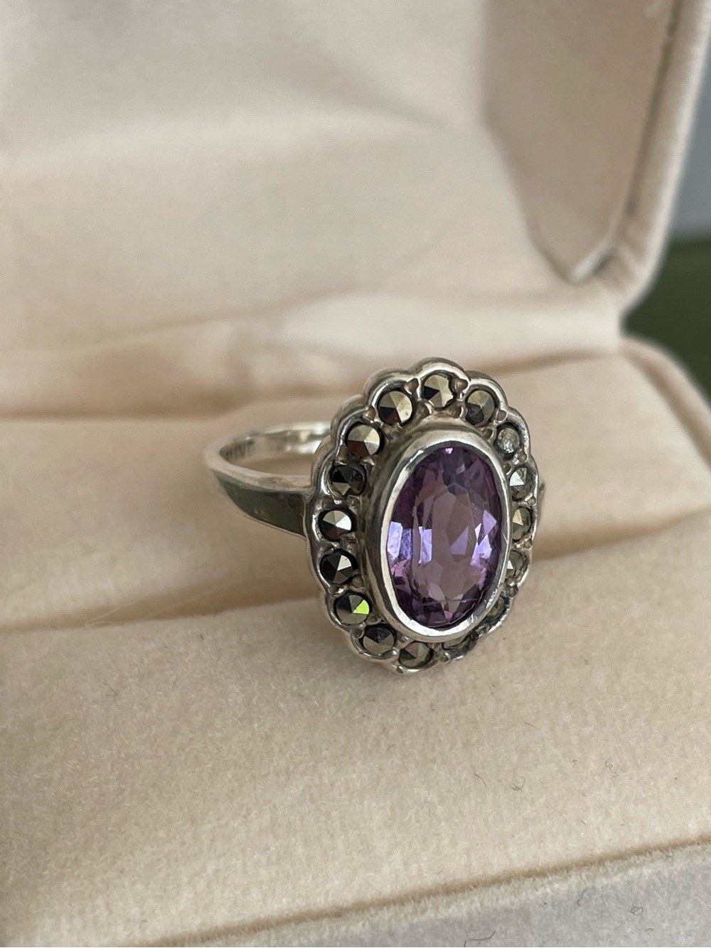 Sterling Silver amethyst and marcasite ring  6-6.5